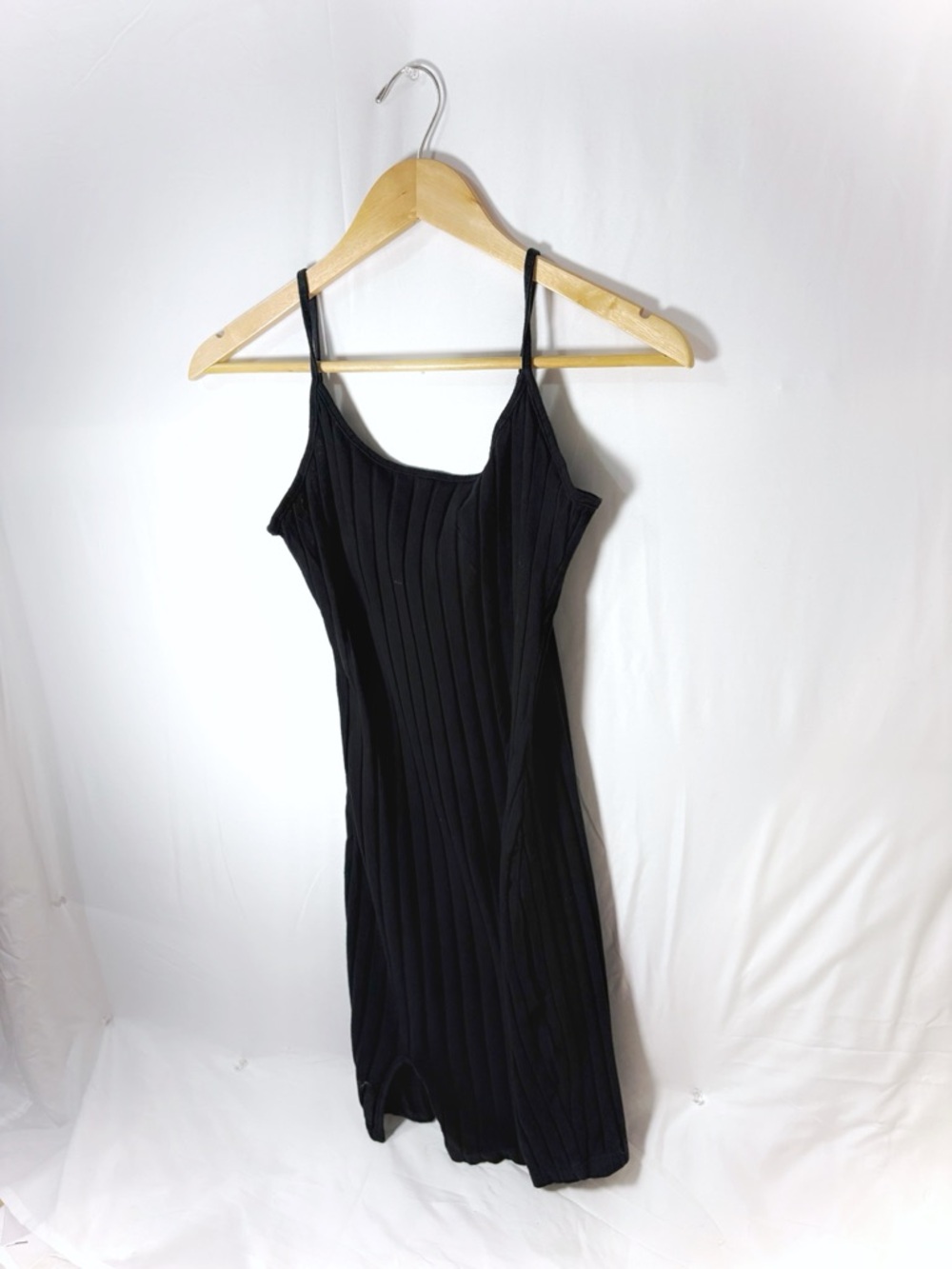 SHEIN Black Ribbed V-Neck Spaghetti Strap Dress